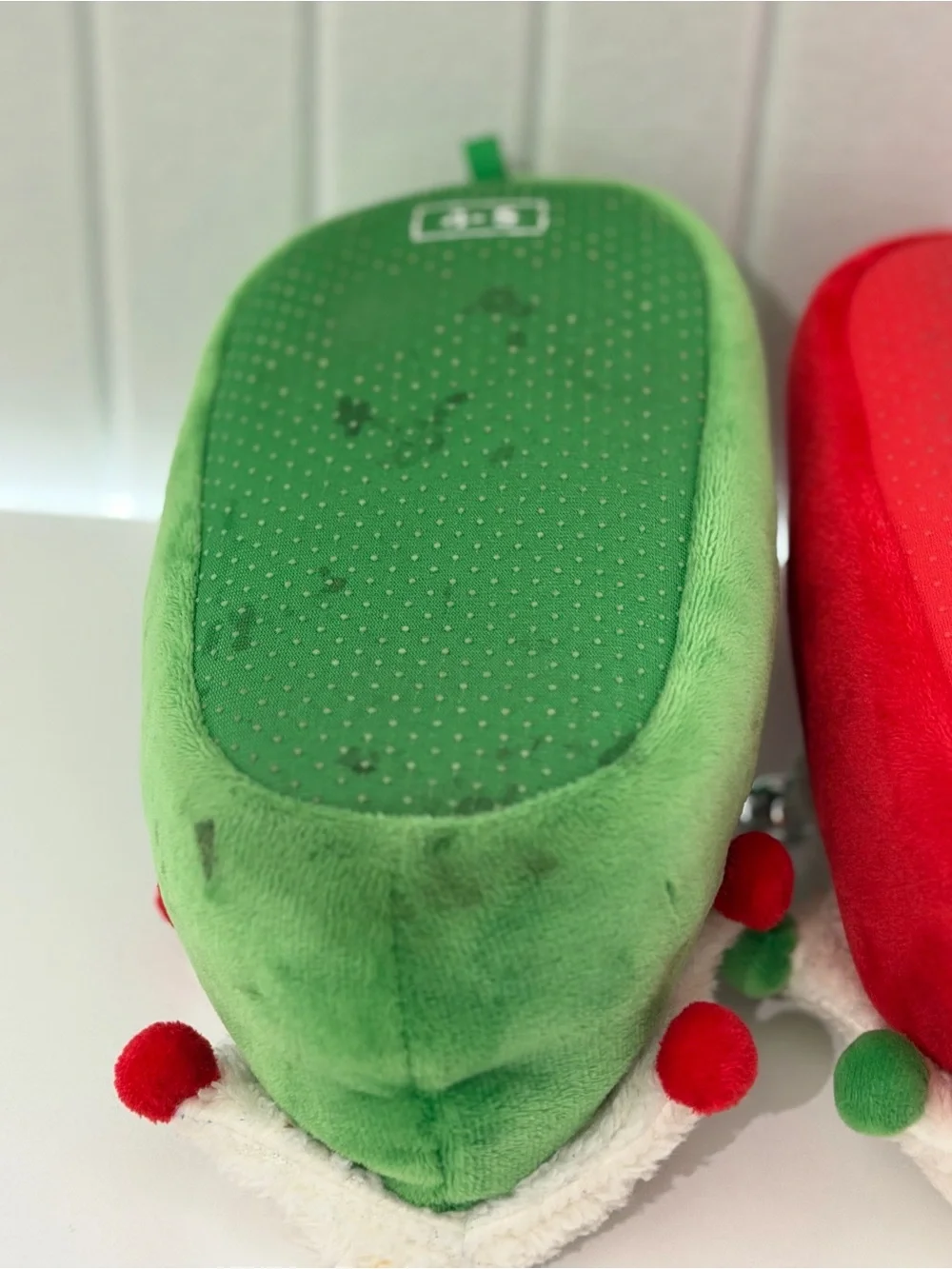 Kids Holiday Elf Slipper Pair - Red & Green with Faux Fur Trim